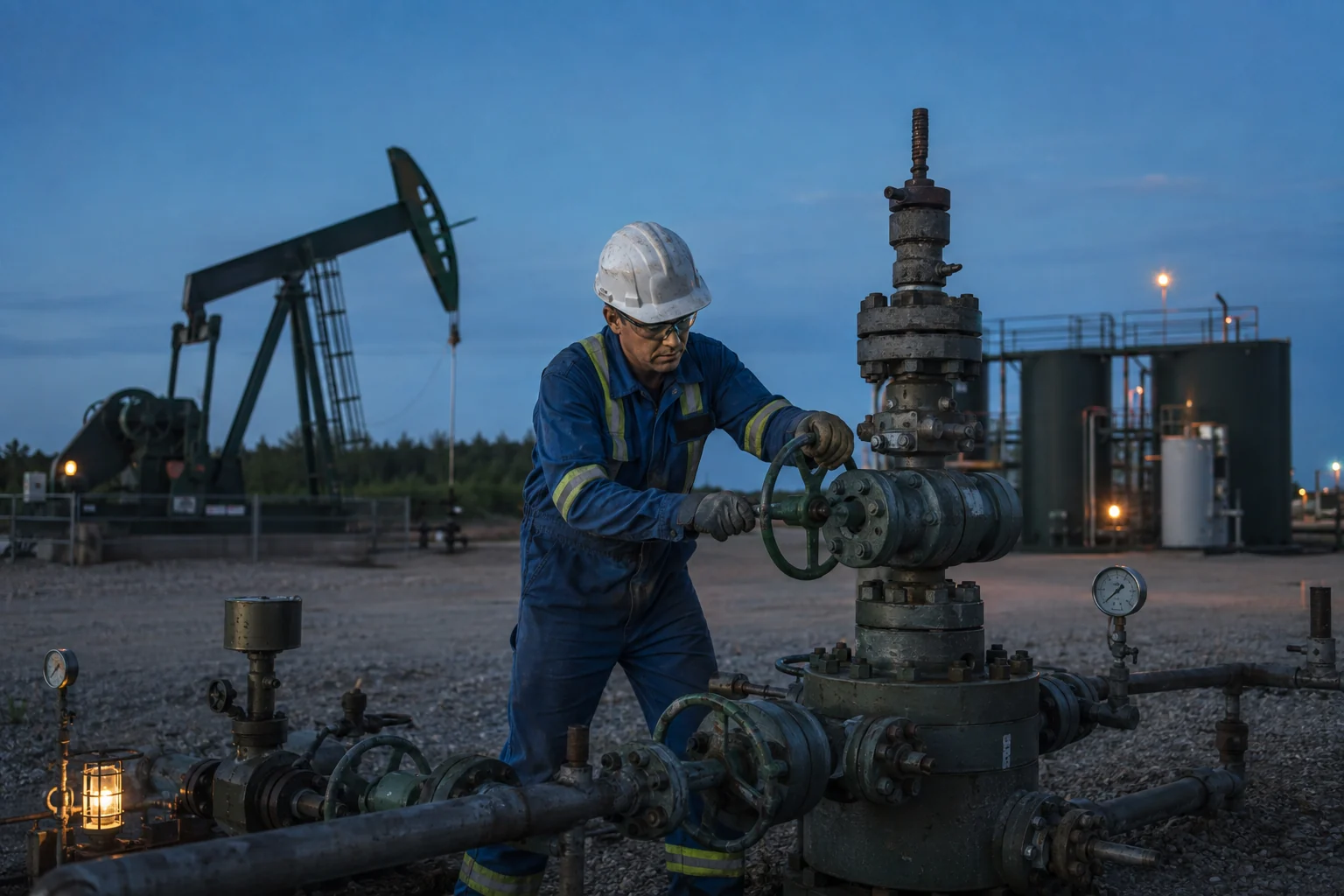 Oil and gas field operator inspecting wellhead equipment