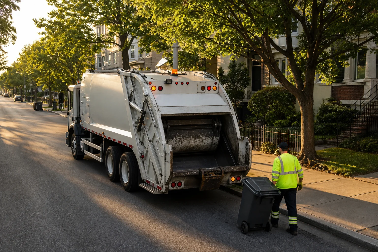 Waste collection operator working beside a refuse truck