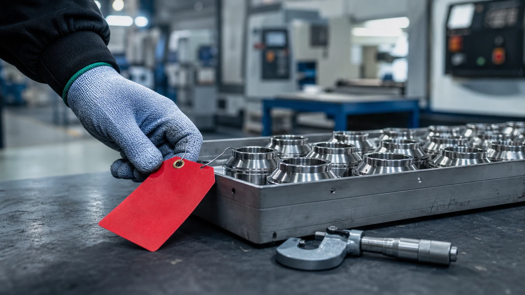 A blank red hold tag being applied to a tray of precision-machined components