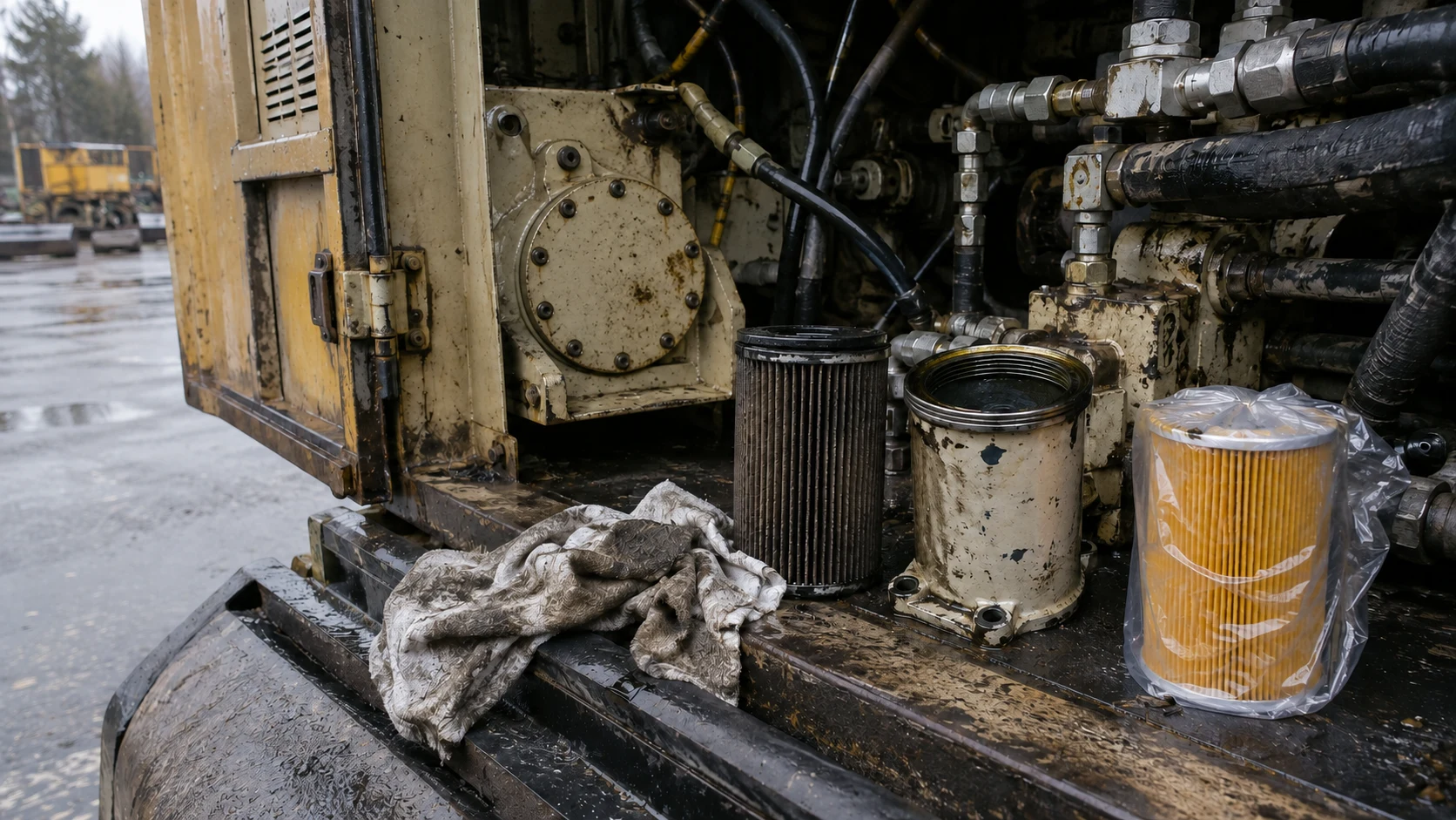 Used and replacement filters arranged inside the weathered service bay of an installed drilling rig